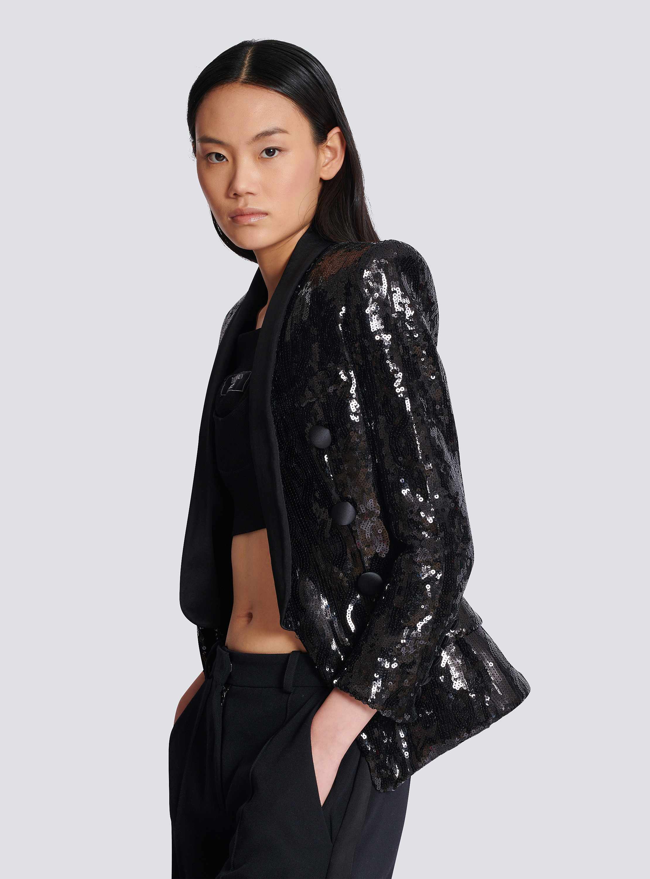 V-neck glitter satin tailored jacket